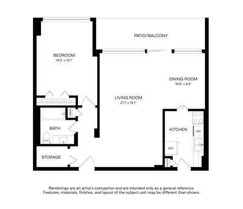 A black and white floor plan of a small apartment.